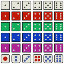 white, red, green, blue, purple and Chinese style dice