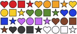 heart, circle, square, and star glyphs in nine different colours